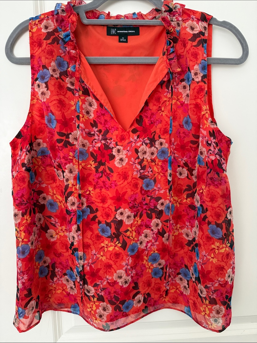 INC International Concepts Vibrant Red-Orange Floral V-Neck Sleeveless Blouse